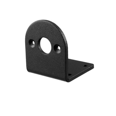 Black metal L-shaped motor mounting bracket with rounded upright plate, large central hole and two small holes.