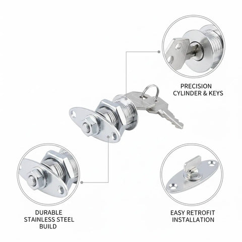 Stainless Steel Cam Lock Replacement With 2 Keys for secure storage, showing lock cylinder, keys, and installation details.