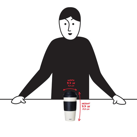 Top Tier Reusable Double Wall Insulated Travel Mug In White And Black with flip top lid, held by a person, 16oz size.