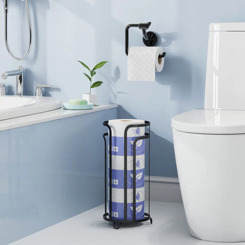 Bathroom scene with 2 Pack Free Standing Toilet Paper Holder Tower For 3 Rolls Black Space Saving Workhorse Bathroom Organizer Holds Up To Three Rolls Easy To Move Perfect For Guest Bathrooms Small Spaces RVs And Campers next to toilet.