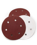 Premium 5 Pack 9 Inch Sanding Discs With 6 Holes Hook Loop Backing For Dust Free Sanding, Rust Removal And Heavy Duty Wall Polishing On Metal Wood Plastic And Painted Surfaces In 180 Grit Assorted Finishes, featuring red and white discs.