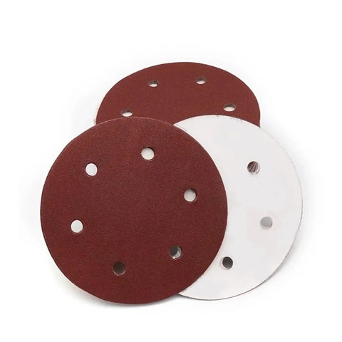 Premium 5 Pack 9 Inch Sanding Discs With 6 Holes Hook Loop Backing For Dust Free Sanding, Rust Removal And Heavy Duty Wall Polishing On Metal Wood Plastic And Painted Surfaces In 180 Grit Assorted Finishes, featuring red and white discs.