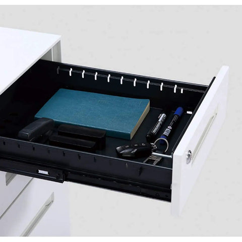 Open drawer of Sturdy Metal Three Drawer Rolling File Cabinet With Lock For Office And Home A4 File Organizer And Desk Storage Anti Tip Design A Real Workhorse For Receipts And Documents While Easy To Move, showing interior storage.