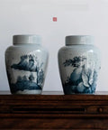 Heavy Duty Retro Ceramic Storage Jars Double Jar Set with artistic landscape design for kitchen pantry organization.