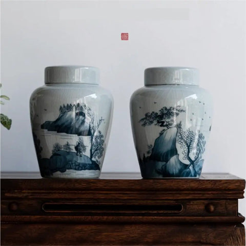 Heavy Duty Retro Ceramic Storage Jars Double Jar Set with artistic landscape design for kitchen pantry organization.