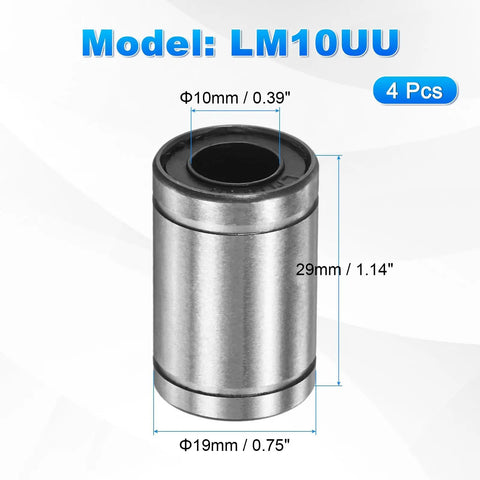 LM10UU Linear Ball Bearings 10mm Bore 4 Piece Set Double Sided Rubber Sealed Steel Bushings with dimensions for CNC Engraver 3D Printer.