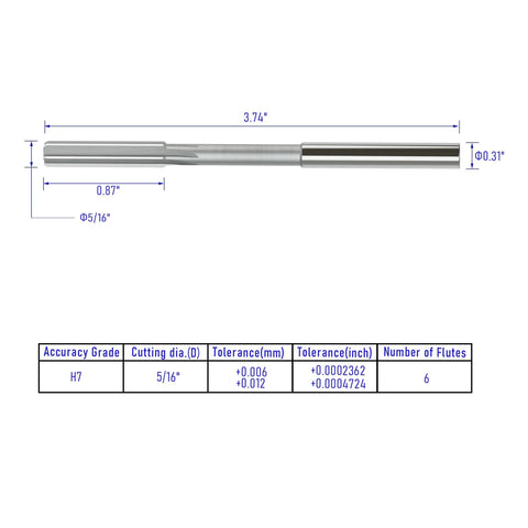 Chucking reamer, 5/16 inch diameter, H7 tolerance, cobalt HSS M35, 6 straight flutes, straight shank