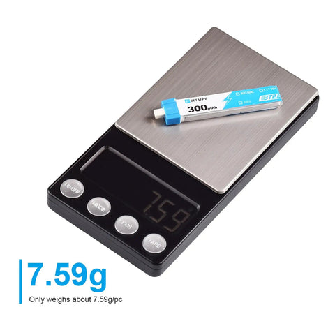 Eight Pack 300mAh 1S BT2.0 LiPo Battery With 1.0mm Banana Connector For Tiny Whoop Brushless Drones weighing 7.59g on scale