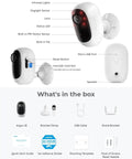 Diagram and contents of Argus 2E Indoor Wireless Security Camera with Battery Power No Hub Needed 3MP Night Vision Smart Detection.