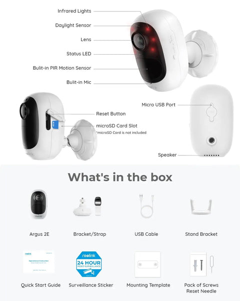 Diagram and contents of Argus 2E Indoor Wireless Security Camera with Battery Power No Hub Needed 3MP Night Vision Smart Detection.