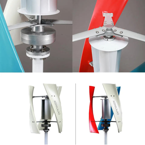 8000W Wind Power Turbine Generator with Maglev Rotor, showcasing red and blue Quiet Spiral FRP Blades, white housing