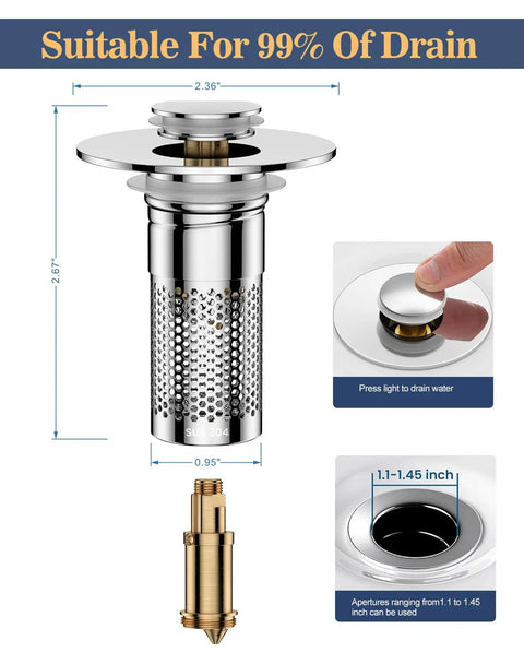 Universal Bathroom Sink Drain Strainer And Pop Up Stopper Featuring A Removable Hair Catcher Plus Stainless Steel Filter Basket To Cut Down The Clog Headache And Keep Drains Running Slick On Most Standard Us Fixtures Smoothly