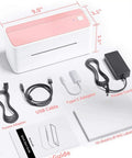 Cool 4x6 Thermal Shipping Label Printer With Wireless Bluetooth And USB For Fast Express Barcode Printing showing accessories and dimensions.