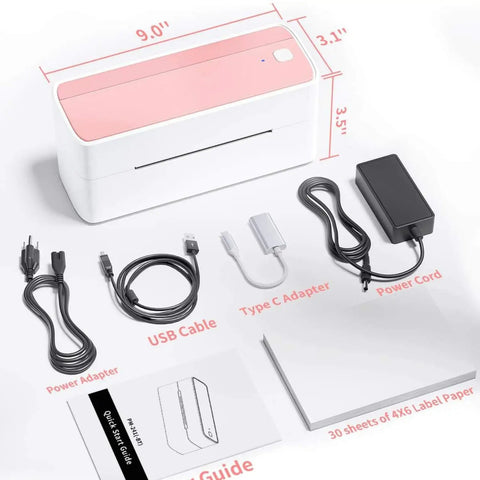 Cool 4x6 Thermal Shipping Label Printer With Wireless Bluetooth And USB For Fast Express Barcode Printing showing accessories and dimensions.
