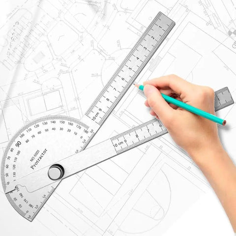 Digital Angle Finder Protractor Ruler With Straight Shot Zero To One Eighty Degree Range And Four Inch Tape for layout on blueprints.