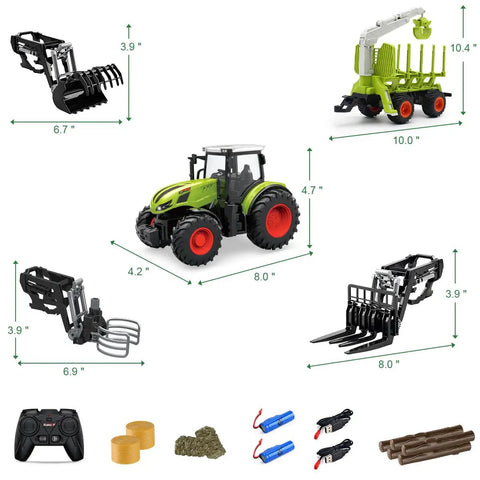 Awesome Remote Control Tractor Farm Playset with Trailer and Timber Truck showing tractor, accessories, and remote control setup