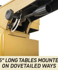Pro Six Inch Jointer With Helical Cutterhead And One Horsepower Motor features 66" long tables mounted on dovetailed ways.