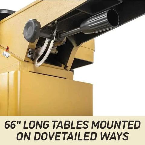 Pro Six Inch Jointer With Helical Cutterhead And One Horsepower Motor features 66" long tables mounted on dovetailed ways.