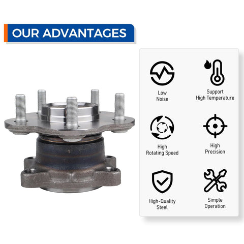 Set Of 2 Rear Wheel Bearing Hub Assemblies For Nissan Altima 2002 To 2006, Maxima 2004 To 2008, And Quest 2004 To 2009 With 5 Lug Pattern, ABS Compatible, Direct OEM Replacement, High Quality Wheel Hubs For Smooth, Quiet Ride, shown with features