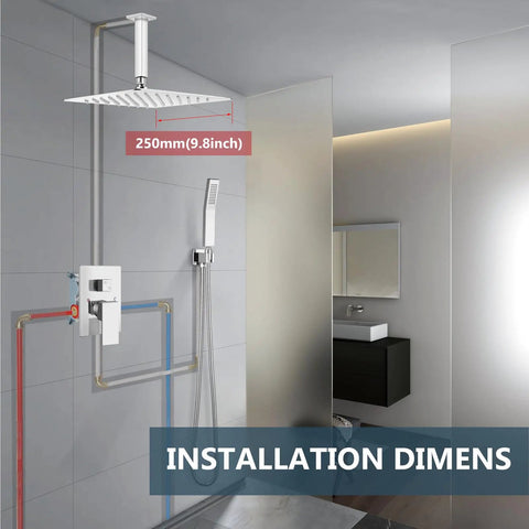 Ceiling Mount Shower System With Rain Head And Handheld Spray High Pressure Chrome Faucet Set Installed