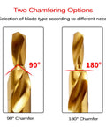 Gold-tone two-stage drill bit displayed in two panels showing 90° and 180° chamfer options