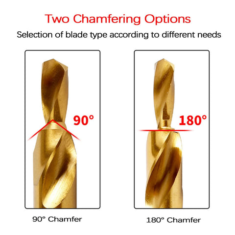 Gold-tone two-stage drill bit displayed in two panels showing 90° and 180° chamfer options