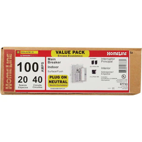 Rock Solid 100 Amp 120 240 Volt Electrical Load Center With 20 Spaces And 40 Circuits Combination Mount main breaker panel box packaging.