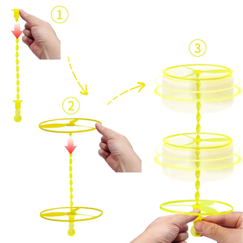 Demonstration of using 50 Pack Flying Disc Toy Set With Swirly Sticks, Spinners, And Rings, Easy Pull And Fly Action, for kids.