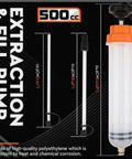 HORUSDY 500cc fluid extractor with clear bottle, orange cap, and manual suction pump (front view)