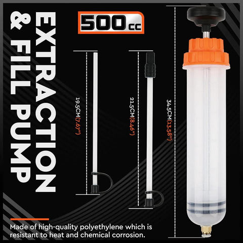 HORUSDY 500cc fluid extractor with clear bottle, orange cap, and manual suction pump (front view)