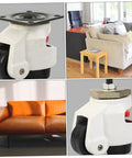 Four Pack Heavy Duty Swivel Leveling Casters Built Like A Tank For Easy Load Handling With Slick Adjustment And Smooth As Glass Rolling On Shop Tables And Industrial Equipment close-up view of caster with black wheel and white frame, ideal for heavy furniture.