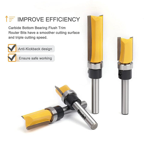 Pattern flush-trim router bit set by Newdeli; three carbide bottom-bearing bits with yellow coating and silver shanks.