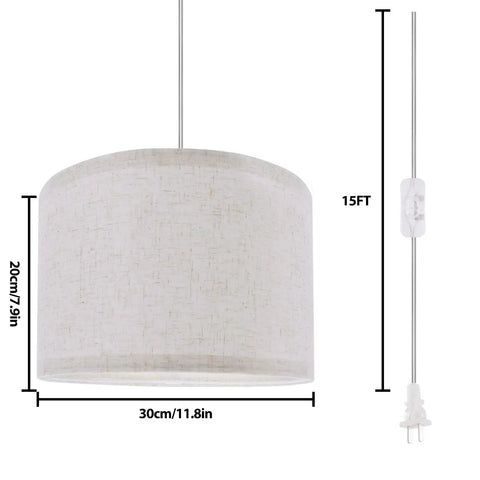 Plug In Pendant Light With 15 Foot Hanging Cord And Toggle Switch Natural Linen Drum Shade E26 Bulb Socket Modern Beige Fixture dimensions 30x20cm with switch