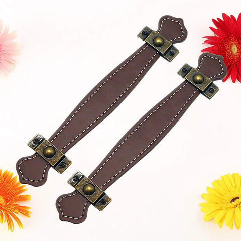 Two Pack Vintage Style PU Leather Cabinet Handles Zinc Alloy Drawer Pulls with Durable Smooth Grip shown on white background with flowers.