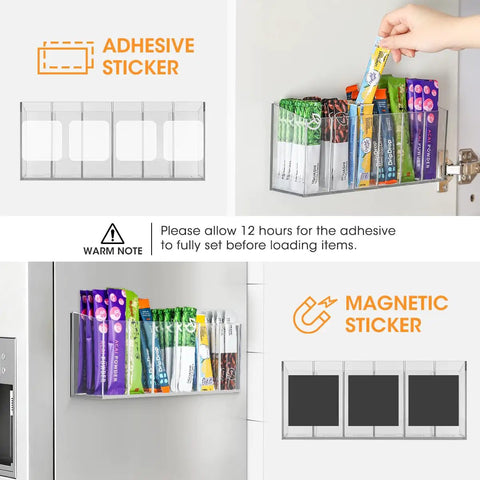 Game Changing Drink Packet Organizer With Adhesive And Magnet Mount For Fridge Cabinet Featuring Slide Out Dividers To Keep Your Kitchen Pantry Fully Loaded And Always Slick with drink packets.