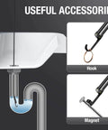 Dual Lens Endoscope With Light For Home And Auto Fixes, showing hook and magnet accessories in use for retrieving items in a drain.