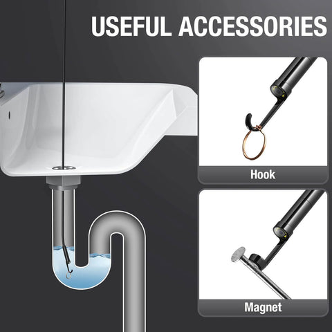Dual Lens Endoscope With Light For Home And Auto Fixes, showing hook and magnet accessories in use for retrieving items in a drain.
