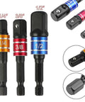 Grab These 3-Piece Drill Socket Adapter Sets With One-Quarter, Three-Eighth And Half Inch Hex Shank Extensions Perfect For Your Impact Wrench Driver Kit. ball lock steel adapters 1/4 3/8 1/2 in sizes