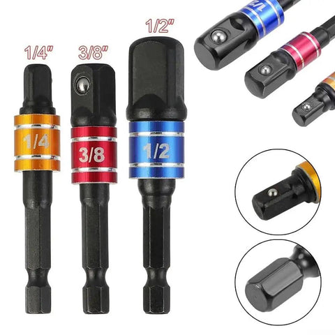 Grab These 3-Piece Drill Socket Adapter Sets With One-Quarter, Three-Eighth And Half Inch Hex Shank Extensions Perfect For Your Impact Wrench Driver Kit. ball lock steel adapters 1/4 3/8 1/2 in sizes
