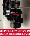 Shop Ready 5 HP Spindle Shaper With 230V Single Phase Motor Featuring Four Killer Speed Settings And A Sweet Cast Iron Worktable Plus Rock Solid Aluminum Fence Setup showing step pulley drive with quick-release lever.