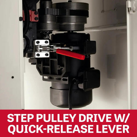 Heavy Duty 3HP Spindle Shaper With Variable Speed Settings and Rock Solid Cast Iron Table showing step pulley drive and quick-release lever.