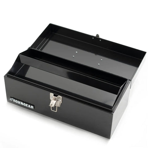 Open 16 Inch Portable Steel Heavy Duty Tool Box With 18 Gauge Construction, Metal Latch And Red Handle, Flat Top Carry Box, Removable Tray