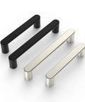 10 Pack Matte Black 5 Inch Hole Center Kitchen Cabinet Pulls ZH0005MB Modern Hardware shown with stainless steel pulls