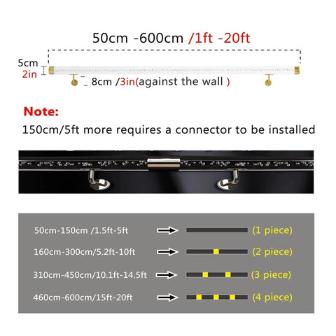 Wall Mount Clear Acrylic Railing Kit With Sleek Silver Brackets For Indoor Stairs And Decks options chart with measurement details.