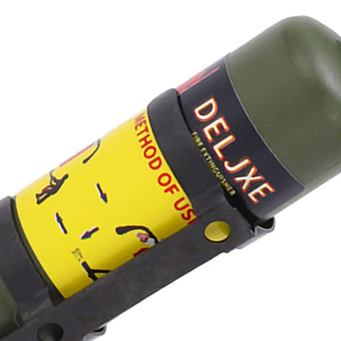 Close-up of Green Mini Fire Extinguisher Scale Accessory for RC Cars Axial SCX10 WPL MN Series with detailed label.