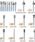 10 Piece HSS Pro Grade Router Bits Set With Titanium Coating One Eighth Inch Shank Thirty Eight Millimeter Length displayed