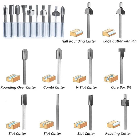 10 Piece HSS Pro Grade Router Bits Set With Titanium Coating One Eighth Inch Shank Thirty Eight Millimeter Length displayed