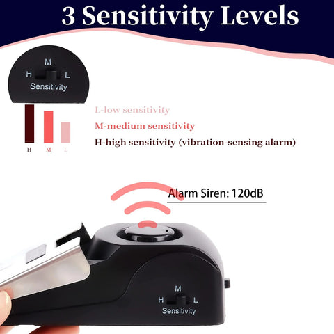 Front view of Amazon Door Stop Alarm wedge, black floor doorstop with 120dB siren and H/M/L sensitivity, pack of 2