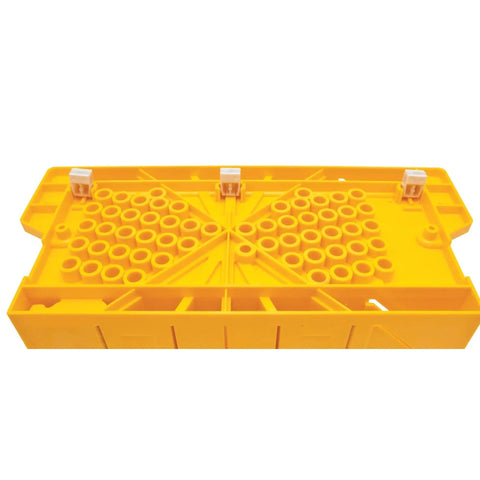 Top view of a yellow plastic Miter Box With Saw For Clean 90 45 And 22.5 Degree Angled Cuts, Handy Storage For Pins And Pencil
