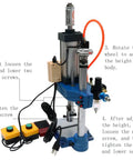 Smooth Operator Pneumatic Punch Press With Adjustable Cylinder Stroke For Kickin Sheet Metal Holes 660 Lb Pressure Two Button Control For Dead On Accuracy At 110V with labeled adjustment features.